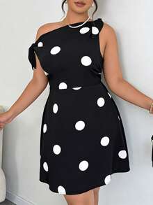 Elenzga Đầm chữ A dáng xòe bất đối xứng, thiết kế nơ dệt chấm bi thanh lịch dành cho nữ cỡ lớn. - Đen và trắng - Xem 3