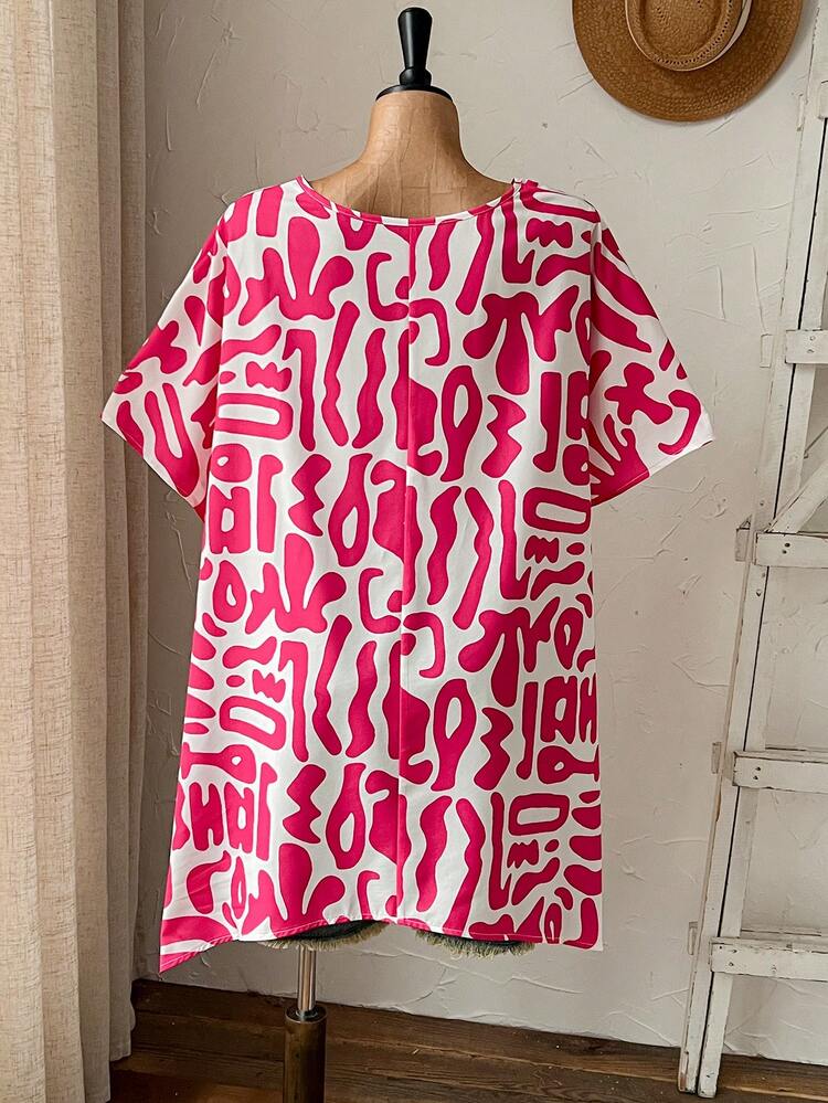 Plus Size Women's Geometric Print Batwing Sleeve Asymmetrical Long Shirt, Summer Summer Top Summer Summer Spring Spring Women Spring Country Style For Women