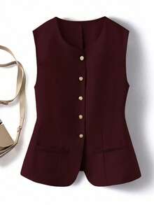 SHEIN Clasi Plus Size Women Elegant Refined Versatile Solid Color Single-Breasted Vest - Burgundy - View 1