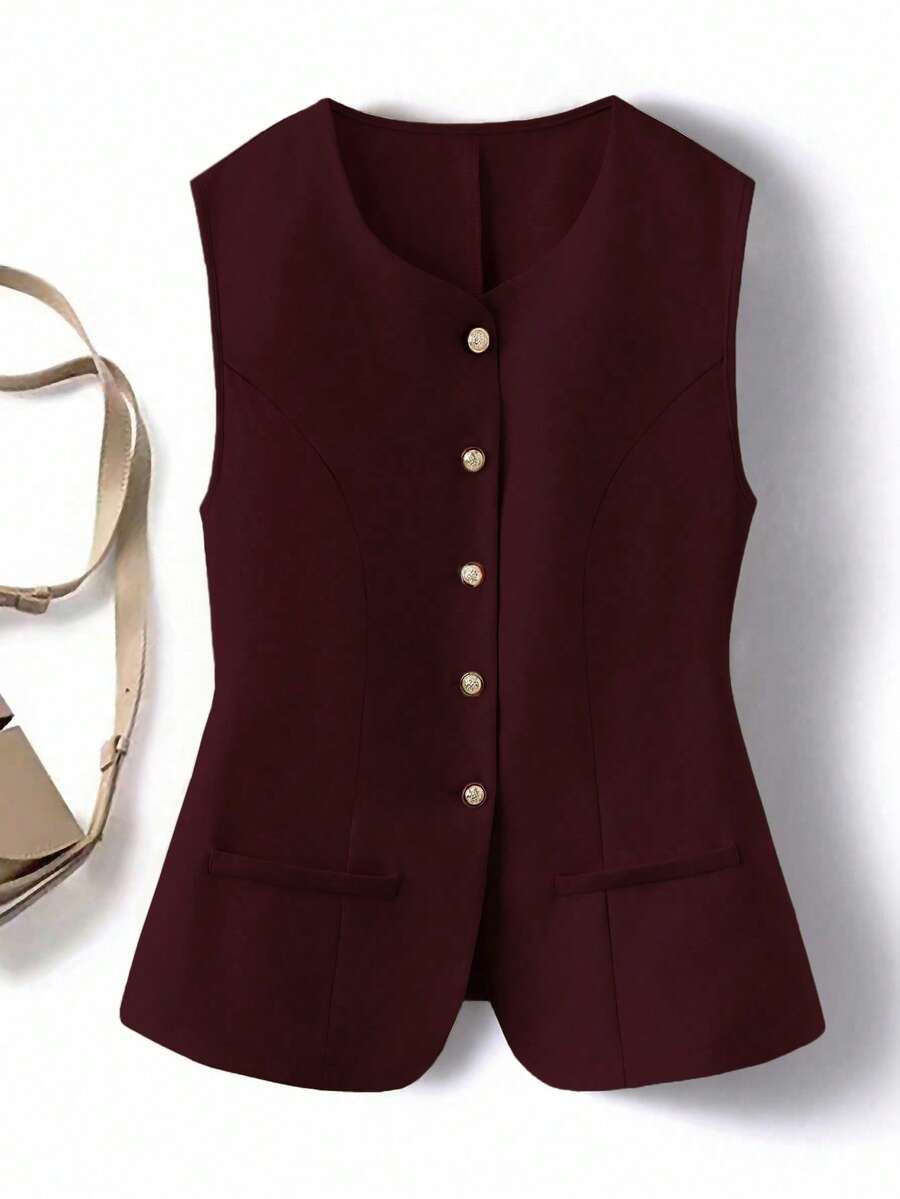 SHEIN Clasi Plus Size Women Elegant Refined Versatile Solid Color Single-Breasted Vest - Burgundy - View 1