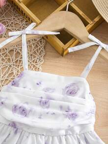 SHEIN 女婴优雅可爱白色碎花吊带荷叶边连衣裙 - 白色 - 查看 7