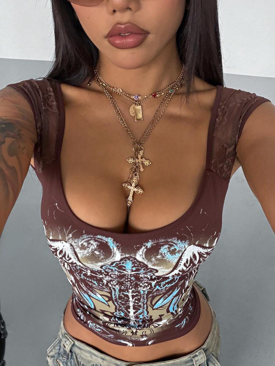 StreetHx Y2K 女式蕾丝拼接印花短袖T恤，夏季 - 棕色 - 查看 1