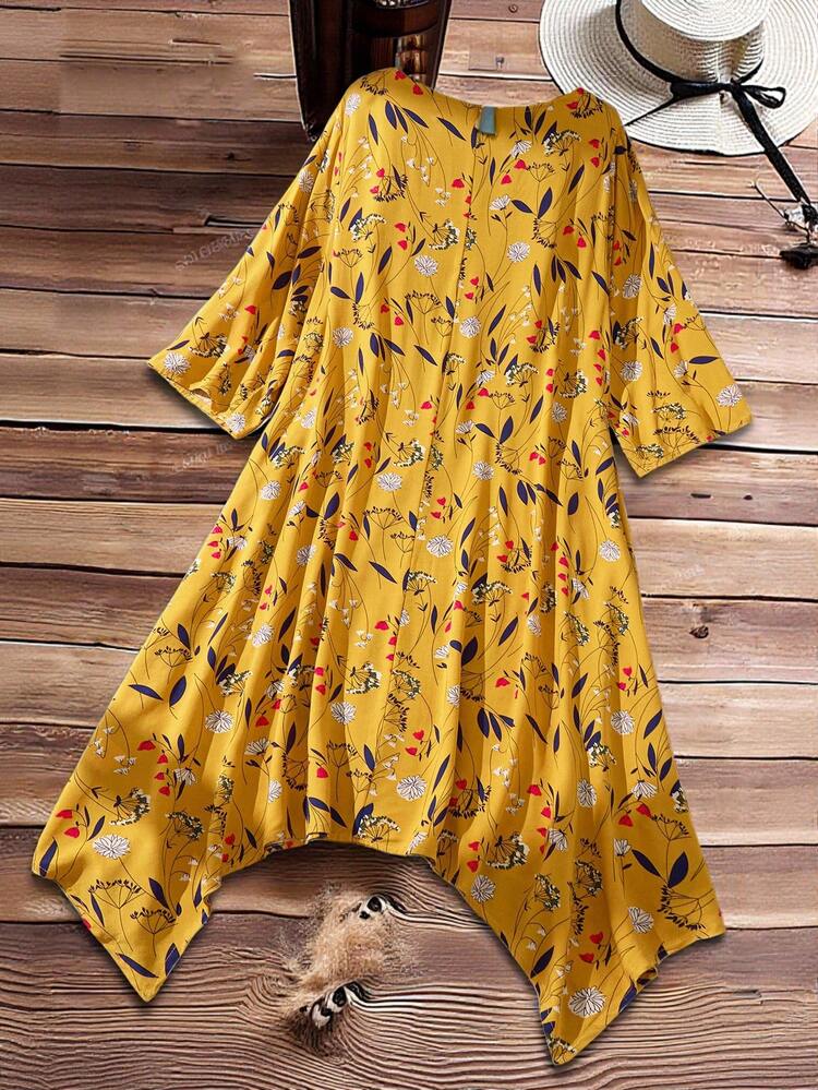 Plus Size Women's Casual Asymmetric Hem Floral Print Loose Dress,Yellow Boho Country Style,Vacation Holiday Autumn Beach Outfits For Spring Break