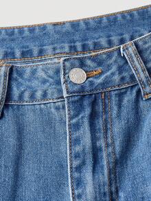 SHEIN MOD 女士口袋纽扣贴片休闲百搭日常穿着阔腿牛仔裤 - 藍色 - 查看 6