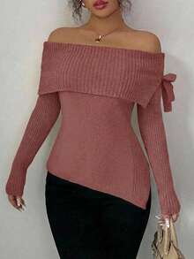 Pulover elegant cu mânecă lungă, culoare solidă, cu umeri dezbrăcați, tiv despicat - Roz praf - Vizualizare 4