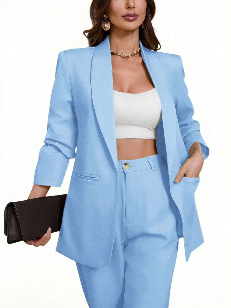 Aveloria Modichic Blazer Kasual Warna Polos dengan Kerah Berlekuk, Musim Semi/Gugur - Baby Blue - View 1