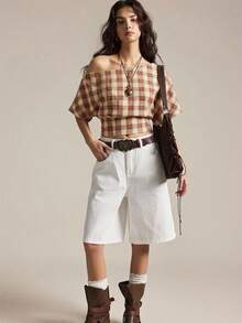 Easelle 2026 Women's Plaid Batwing Sleeve Casual Loose Top, Red Off-Shoulder Plaid Blouse, Red Short Sleeve Retro Top - Red - View 5