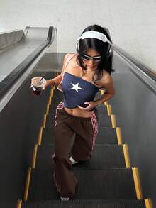 SHEIN EZwear 女士棕粉色撞色弹力腰侧条纹阔腿宽松休闲裤/工装裤 - 棕色 - 查看 3