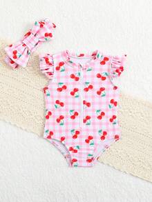 Newborn Cute Tropical Floral Ruffled Romper Headband Set Beach Vacation Hot Pink Summer - Pink - View 5