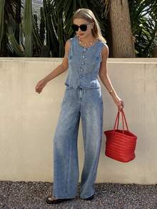 Livesso 春夏宽松休闲度假风蓝色圆领背心和阔腿牛仔裤 Old Money 女士牛仔套装 - 藍色 - 查看 4