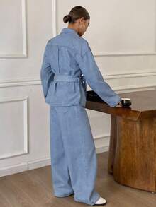 DAZY Bộ đồ denim nữ dáng rộng, thoải mái, phong cách thu đông mới, chất liệu denim bạc màu, cạp chun. - Rửa nhẹ - Xem 2