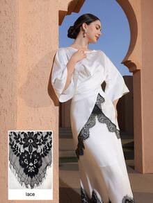 Graceveil Conjunto de top y falda con mangas acampanadas de encaje elegante con contraste, volantes en la cintura y bajo asimétrico, adecuado para citas de primavera y otoño - Blanco y Negro - Ver 12