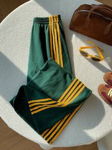 Comfortcana Plus Size Striped Elastic Waist Straight Loose Casual Pants Green Track Pants Women's Track Pants - Green - View 10