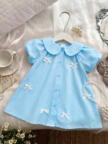 女婴可爱蓝色彼得潘领蝴蝶结短袖连衣裙，夏季 - 藍色 - 查看 4