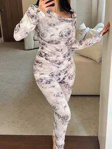 DAZY 花卉印花不对称领修身睡衣套装 - 白色 - 查看 5