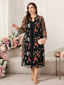 Reflora 大码优雅派对花卉刺绣网纱外套连衣裙两件套 - 彩色 - 查看 5