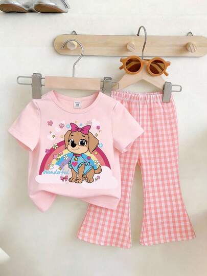 SHEIN Baby Girl Casual Cartoon Pattern Short Sleeve Round Neck T-Shirt And Flare Pants Set, Suitable For Spring/Summer