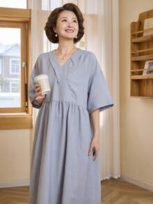 Livesso 女士不对称领口宽松中长连衣裙 - 藍色 - 查看 5