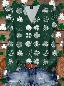 EMERY ROSE Blus Wanita Ukuran Besar Minimalis Kasual Motif Daun Semanggi Hari St. Patrick, Leher V, Trim Ruffle, Lengan Pendek, Cocok untuk Musim Gugur, Musim Panas, Liburan - Hijau - View 1