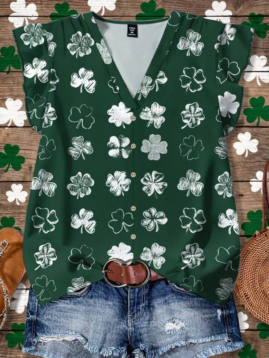 EMERY ROSE Blus Wanita Ukuran Besar Minimalis Kasual Motif Daun Semanggi Hari St. Patrick, Leher V, Trim Ruffle, Lengan Pendek, Cocok untuk Musim Gugur, Musim Panas, Liburan - Hijau - View 1