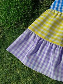 Sweetra Vestido midi de manga corta con parches de cuadros de talla grande y colorido - Multicolor - Ver 3
