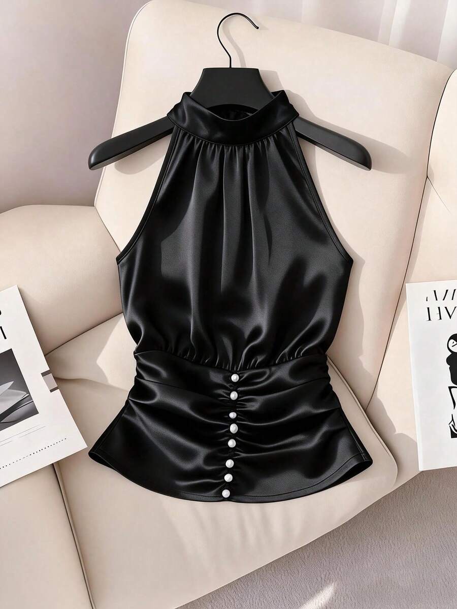 Franclia Áo hai dây nữ cổ tàu xếp ly đính ngọc trai không tay, thanh lịch, thích hợp đi làm, công sở, dự tiệc, hẹn hò hoặc trang phục trang trọng. - màu đen - Xem 1