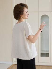 Livesso 女士宽松蝙蝠袖亮面T恤针织衫 - 米色 - 查看 5