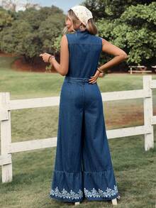 SHEIN Holidaya Sleeveless Wide Leg Denim Jumpsuit, Casual Vacation Spring Summer  Vacation - Blue - View 2