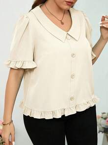 SHEIN Clasi 大码优雅简约纯色荷叶边纽扣装饰衬衫，夏季 - 杏色 - 查看 6