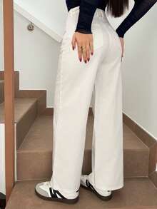 Hitanina 時尚女性鬆身純色牛仔褲 - 白色 - 查看 3