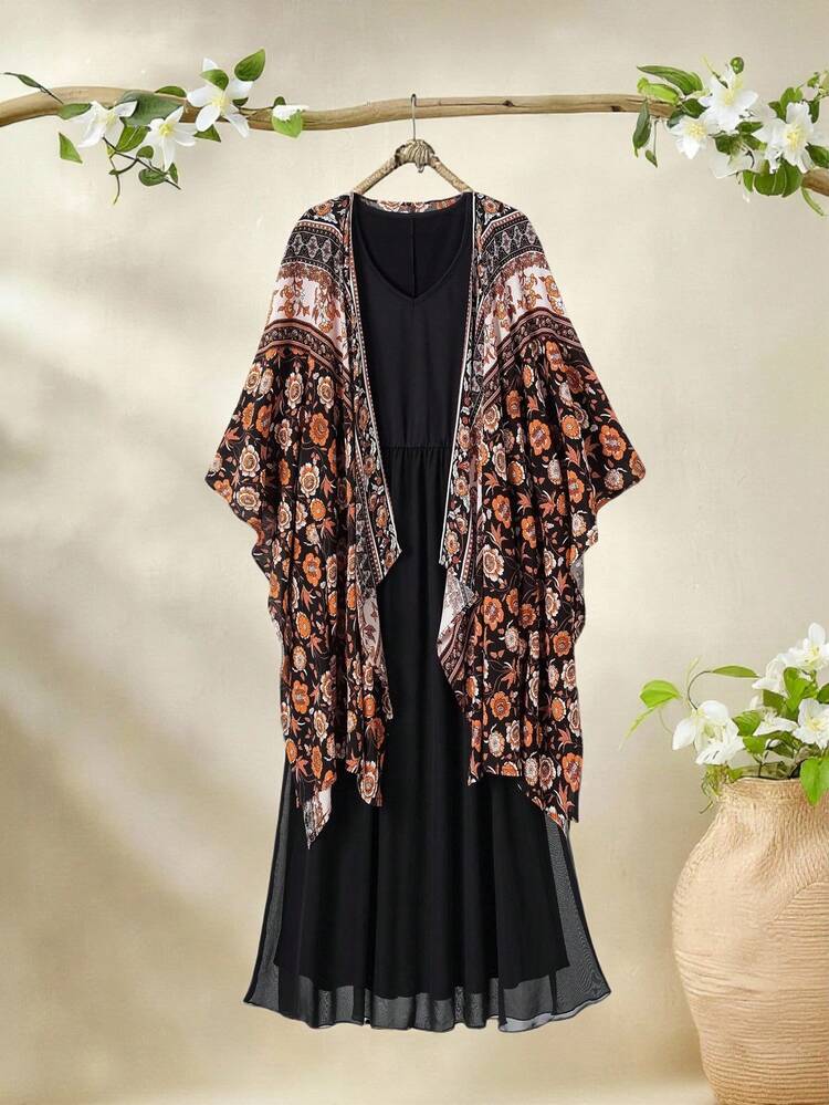 Ensemble deux pièces pour femmes grande taille : veste kimono simple à imprimé campagne et robe noire