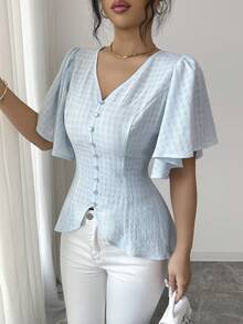Modelyn Ny V-ringad, volangärmad, asymmetrisk design, nischkort, romantisk semesterskjorta - Babyblå - Visa 1