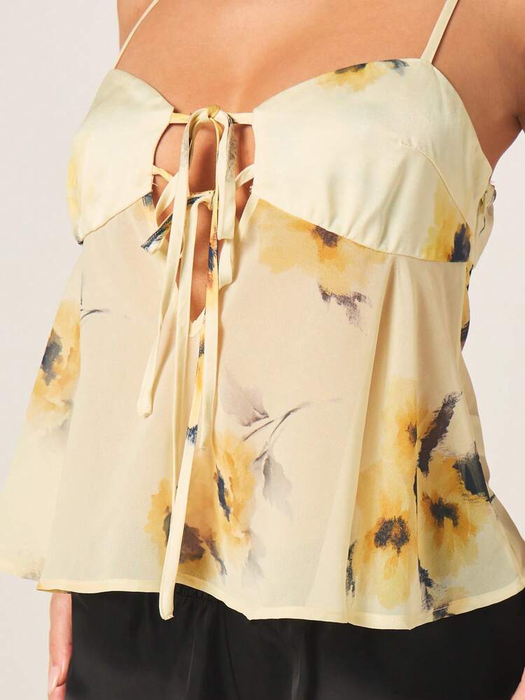 MISSGUIDED Yellow Floral Babydoll Cami Top With Spaghetti Straps And Tie Front Detail For Summer Casual Feminine Style