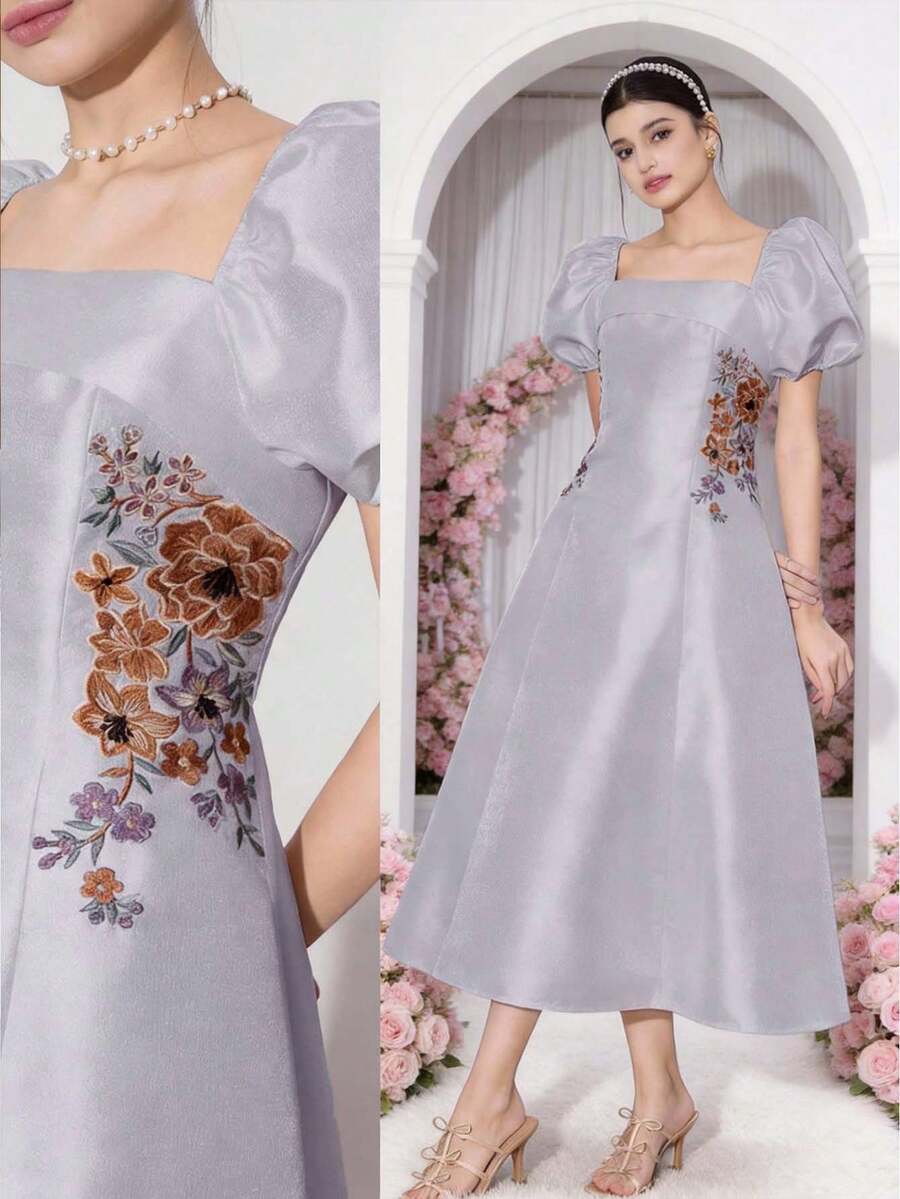 Modelyn 女士优雅花卉刺绣泡泡袖中长连衣裙，夏季 - 灰色 - 查看 1