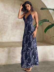 Aloruh Women's Butterfly & Mesh Print Halter Lace Patchwork Super Long Slit Ruffle Hem Dress, Suitable For Spring/Summer Vacation - Navy Blue - View 3