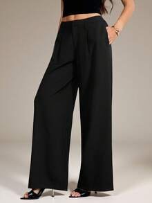 SHEIN Tall Women Pants Business Casual Women Western Wear Women Wide Leg Pants Office Women Outfits Baggy Pants Professional Women Clothes Office Wear Grey - Black - View 3