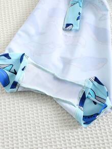 SHEIN 2件套男婴休闲可爱趣味海洋鲨鱼印花长袖泳衣和泳帽套装，适合外出、旅行、海滩、泳池、派对、春夏穿着 - 彩色 - 查看 9