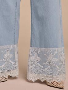 COSMINA Denim Quần jean nữ, thiết kế phối ren, có túi, màu xanh denim, phù hợp cho kỳ nghỉ hè và mặc hàng ngày, quần jean nữ thanh lịch. - Màu xanh lam - Xem 2