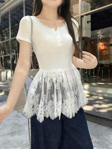 DAZY Teen Girl Button Half Placket Lace Ruffle Hem Short Sleeve T-Shirt - White - View 1