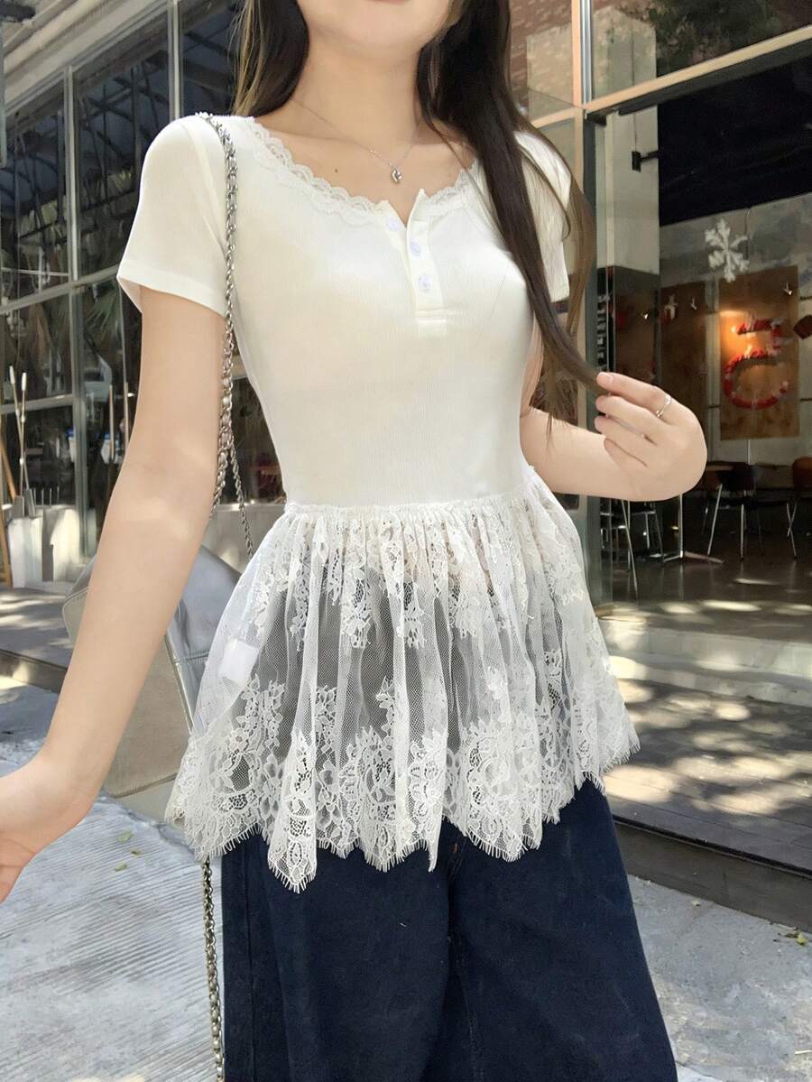 DAZY Teen Girl Button Half Placket Lace Ruffle Hem Short Sleeve T-Shirt - White - View 1