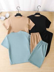 SHEIN 6件套儿童夏季服装，男童舒适休闲风圆领短袖T恤（带压花装饰）+短裤2件套，高性价比多件套，适合户外玩耍、街头摄影、派对、居家休闲等场合。 - 彩色 - 查看 3