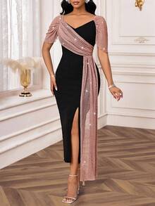SHEIN Lady Petite Abito elegante da donna di taglia petite, con scollo a cuore, maniche corte a raglan, con paillettes, in rete, con volant laterali e spacco, in colori a contrasto - nero - Visualizzare 10