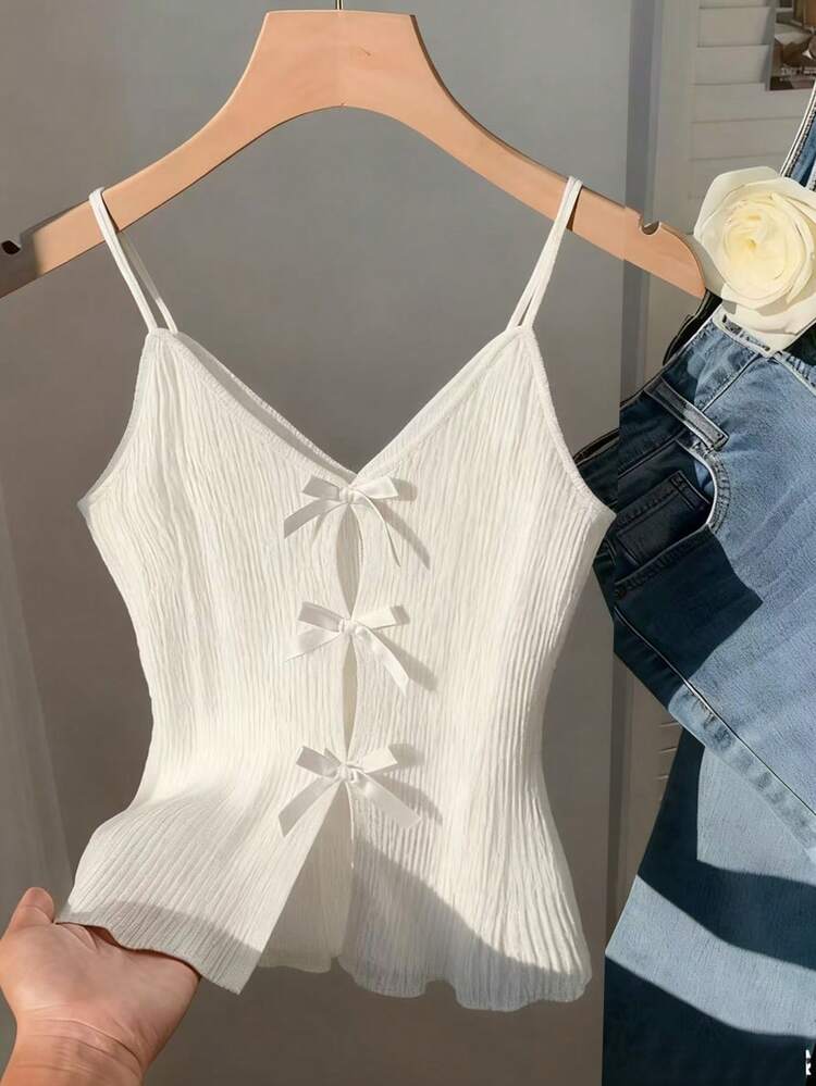 Resyla Camiseta de tirantes de mujer de unicolor y diseño minimalista con lazo decorativo para uso diario - Blanco - Añade 1