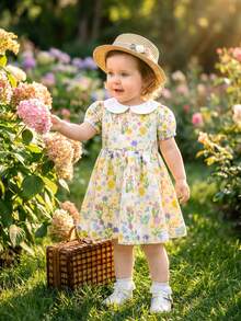 Souflis Souflis 法国新款复活节女婴黄色兔子花园图案彼得潘领短袖连衣裙，适合居家、外出及各种场合穿着。 - 黃色 - 查看 3