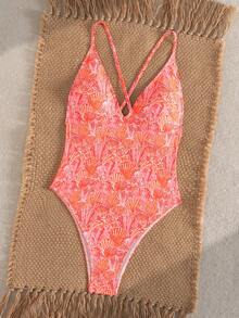 Swim Vcay Swim Bonvoyette 连体泳衣，彩色贝壳随机印花，细肩带，深V露背交叉设计，高衩性感剪裁，适合春夏度假；珊瑚色泳衣；芙蓉花泳衣；沙滩装；橙色连体泳衣；女士夏季紧身连体泳衣；收腹泳衣；女士连体泳衣；Takini 连体泳衣；贝壳印花泳衣；橙色连体泳衣；女士沙滩装；女士泳衣；女士泳装 - 彩色 - 查看 6