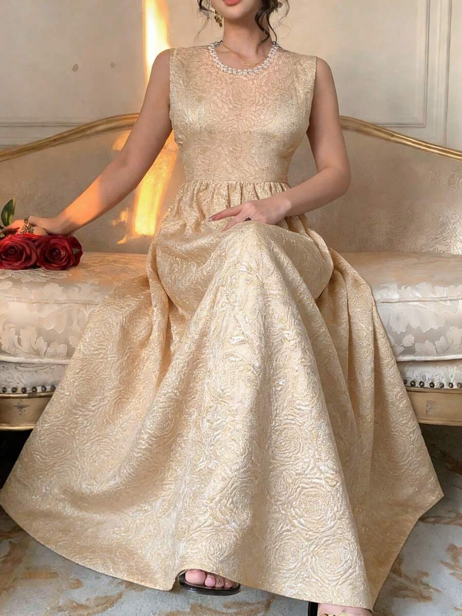 DAZY Đầm midi thanh lịch mùa xuân và hè với thiết kế đính cườm, eo thon, phù hợp cho các dịp thường ngày, hẹn hò, đám cưới, tiệc tùng, công sở. - Màu be - Xem 1