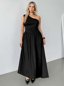 Auralis Plus Size Black Summer Elegant Formal One Shoulder Ruched Maxi Dress,Women's Asymmetrical Flared Hem Mermaid Style Wedding Guest Party Dress - Black - View 5