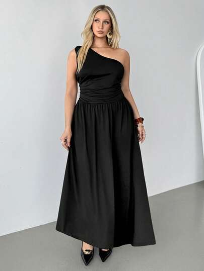 Auralis Plus Size New Arrival Black Asymmetrical Shoulder Ruched Flared Hem Elegant Commuting Office Dress, Mermaid Style, Suitable For Work, Beach, Party, Birthday, Valentine's Day/Waist-Cinching, Pleated, Slimming Fishtail Maxi Dress / Brown Dress / Sleeveless Sequined Maxi Dress