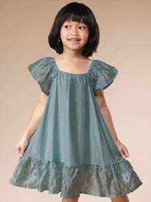 SUMWON Girls Sage Peplum Hem Broderie Cap Sleeve Dress With Ruffle Detail For Summer Occasions Casual Party Wear Mini Length A-Line Style - Green - View 4