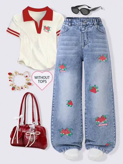 Girls' Sweet & Playful Strawberry Embroidered Light Blue Washed Soft Straight Leg Jeans, Versatile For School, Travel, Casual Wear, Suitable For All Seasons